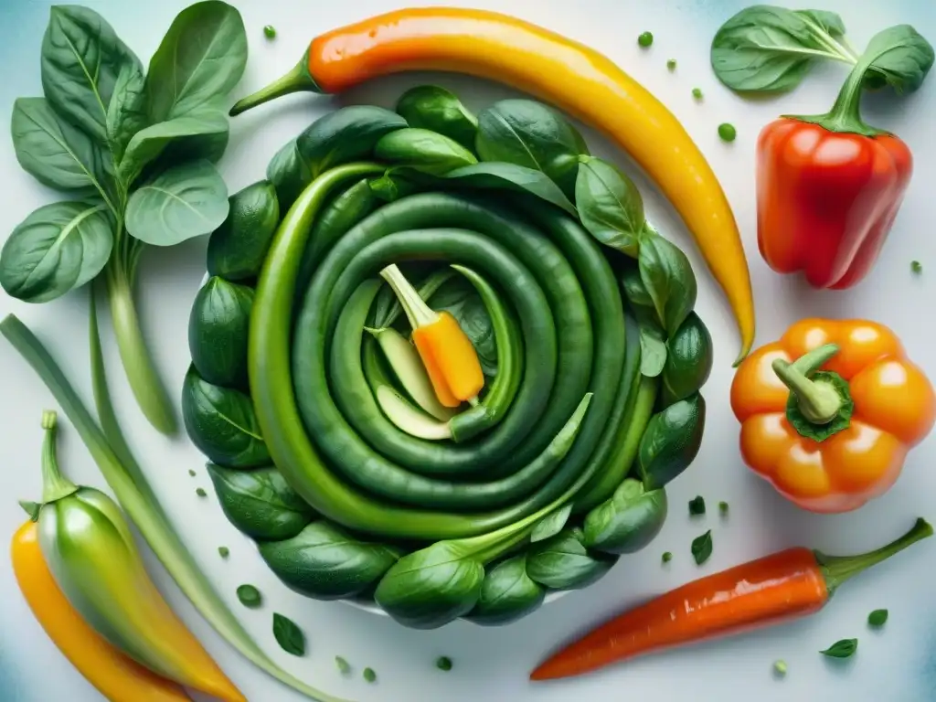 Delicioso lienzo de verduras frescas para rollos saludables Un cuadro acuarela detallado de vibrantes verduras como pimientos, calabacines y zanahorias, en espiral, para recetas rollitos de verduras saludables