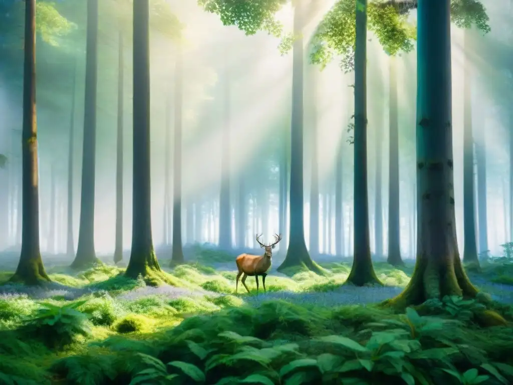 Cuadro acuarela: Bosque vital con superalimentos energizantes Cuadro detallado de un bosque verde lleno de superalimentos energéticos como arándanos, espinacas y almendras