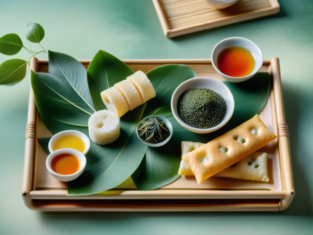 Bodegón asiático: Delicias tradicionales en acuarela Cuadro detallado de snacks saludables inspirados en la dieta asiática en una bandeja de bambú con salsas en delicadas tazas de porcelana