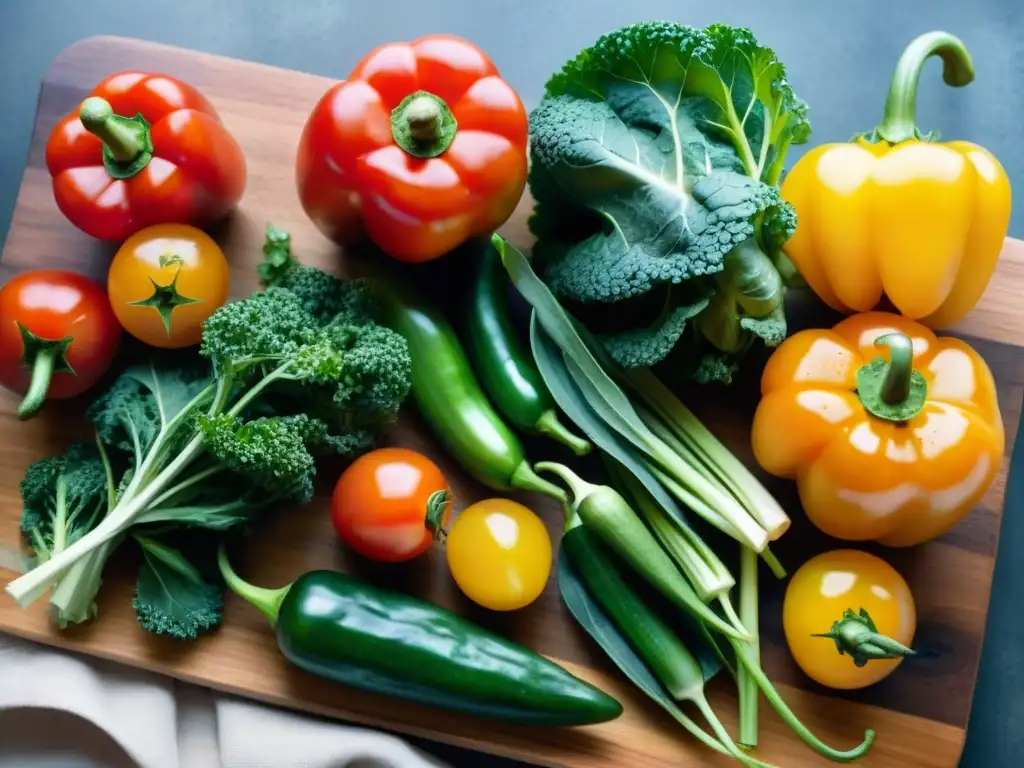 Cuadro acuarela: vibrantes vegetales frescos en tabla rustica Cuadro detallado de verduras frescas en tabla de madera, ideal para snacks bajos carbohidratos
