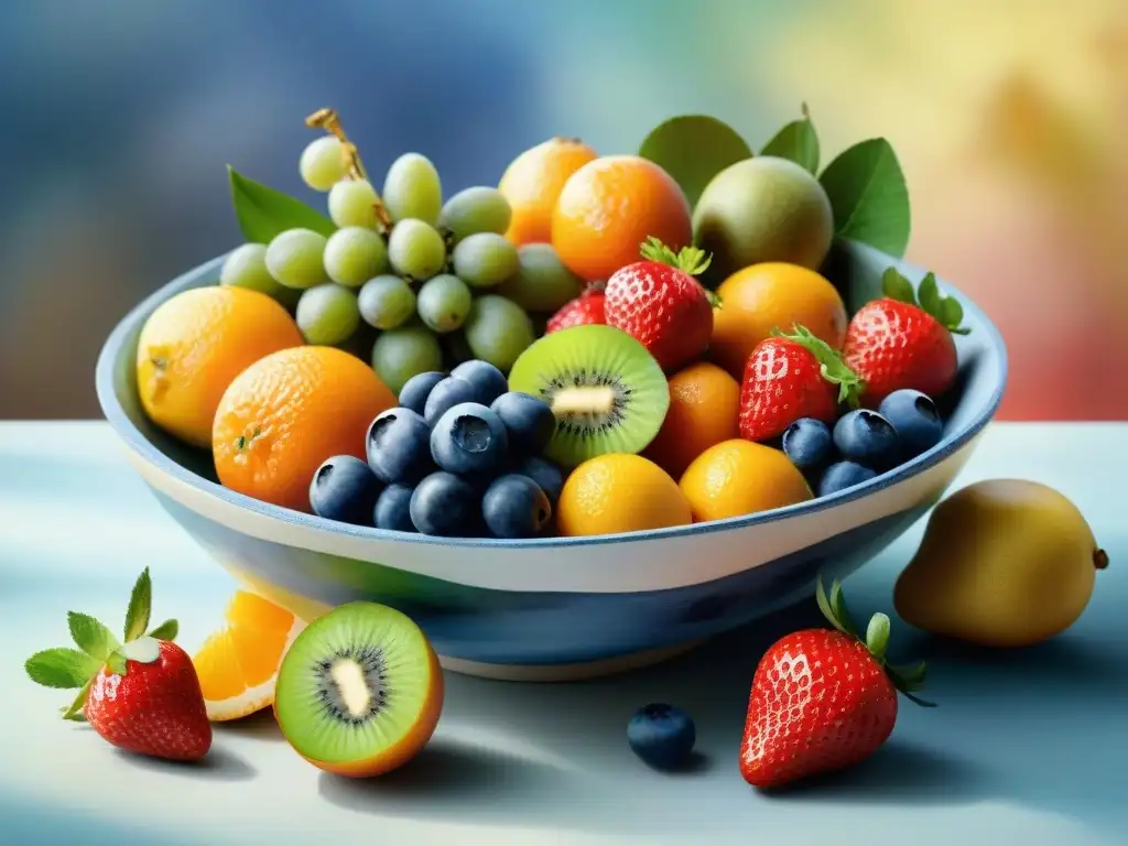 Bodegón de frutas frescas: acuarela vibrante y tentadora Un cuenco de frutas frescas y vibrantes, ideal para snacks saludables para controlar calorías