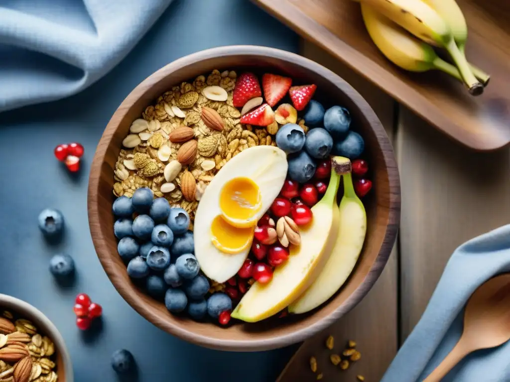 Deliciosa granola casera con superalimentos en cuenco de madera Un cuenco rústico rebosante de granola casera y superfoods saludables, bañado en miel, rodeado de frutas frescas