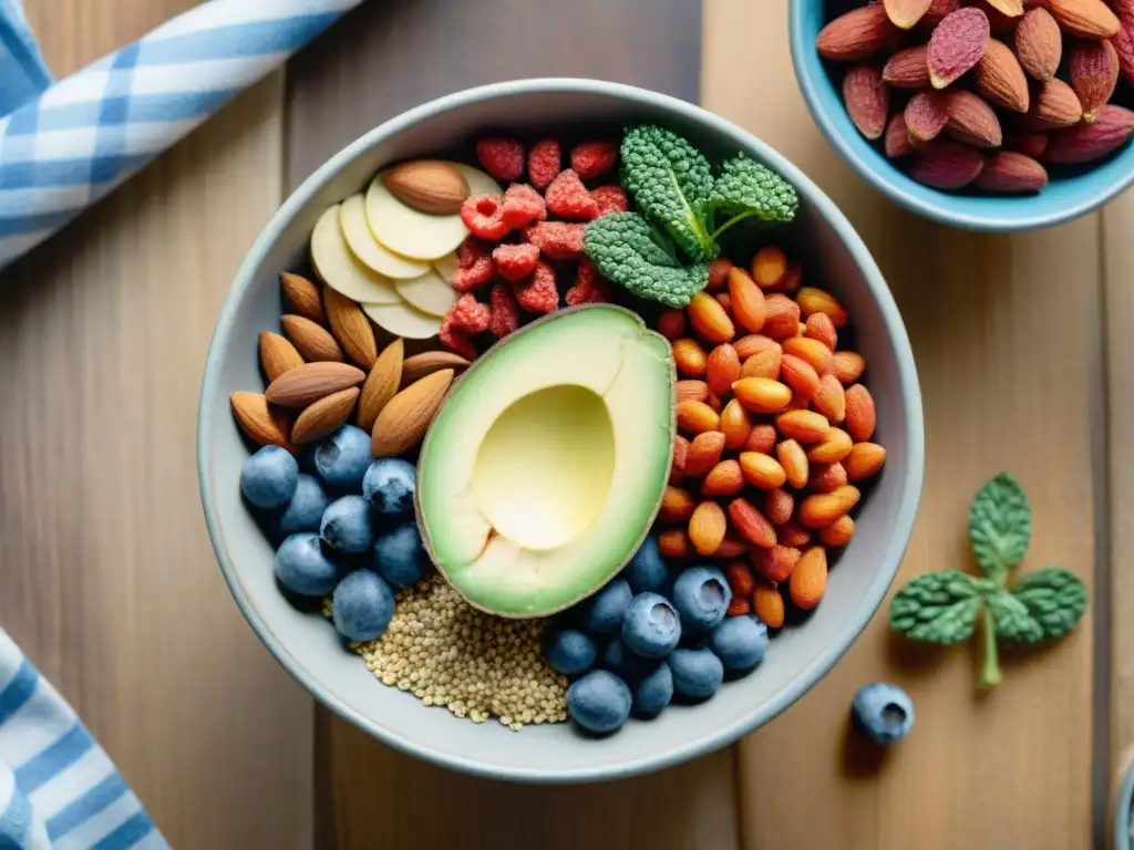 Bowl de Superfoods: Detalles en Acuarela Un cuenco vibrante rebosante de superalimentos frescos como semillas de chía, bayas de goji y aguacate, sobre una mesa de madera