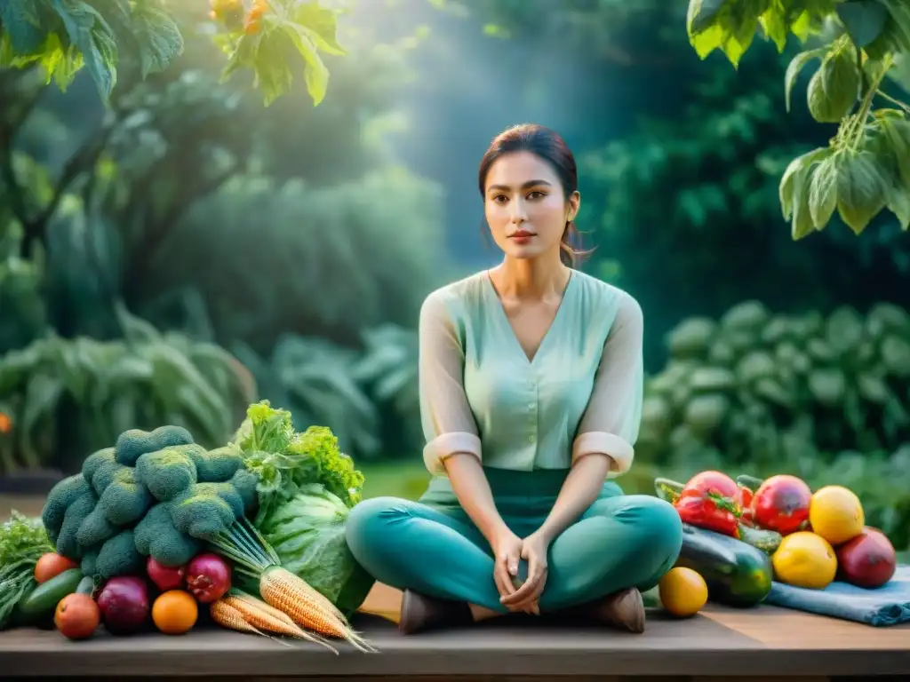 Armonía en el jardín: cuidador con frutas y verduras Un cuidador descansa en un jardín pacífico rodeado de frutas y verduras, transmitiendo calma y nutrición