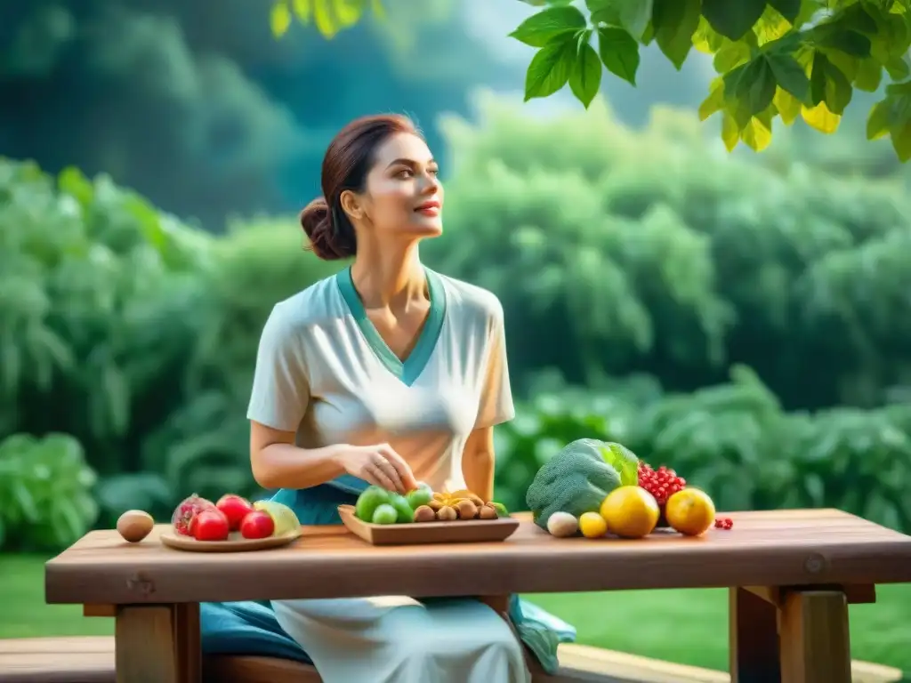 Retrato en acuarela: cuidador disfruta de snacks saludables en el parque Un cuidador disfruta de snacks saludables en un banco del parque, rodeado de naturaleza exuberante