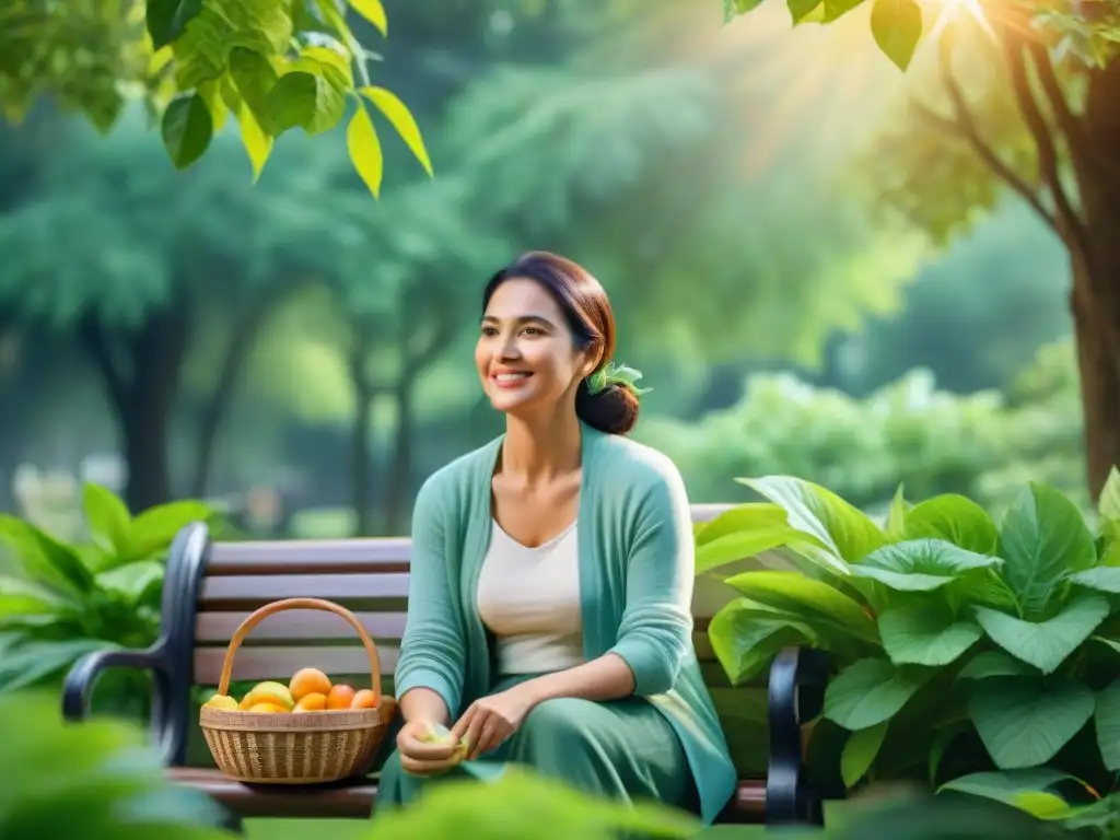Ilustración acuarela: Cuidadora serena disfrutando de la naturaleza Una cuidadora serena disfruta de snacks saludables en un banco del parque, rodeada de naturaleza exuberante