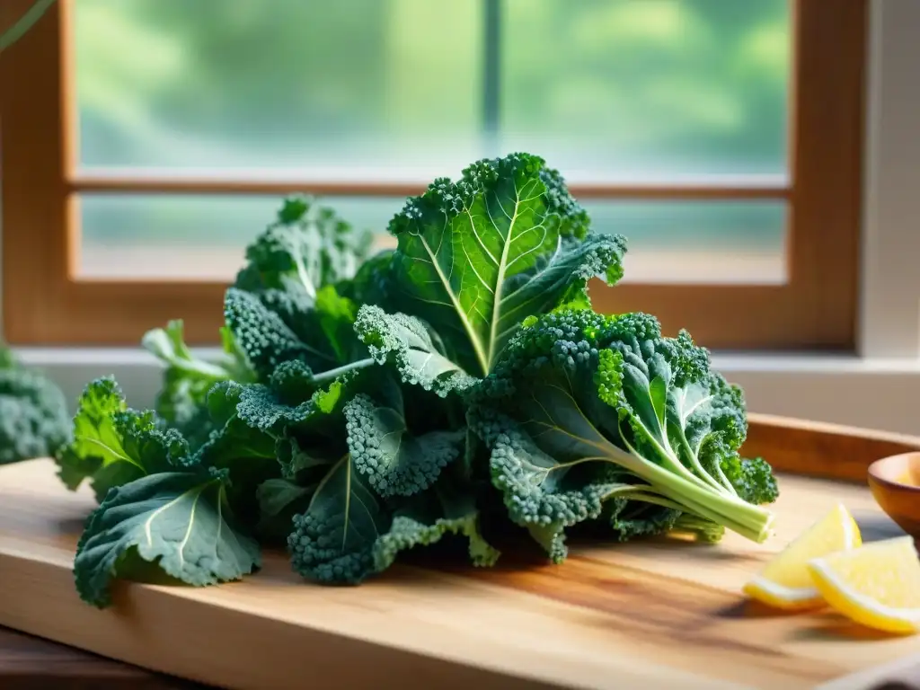 Deliciosas chips de kale caseras en acuarela detallada Delicada ilustración detallada en acuarela de hojas vibrantes de kale verde transformándose en chips crujientes en una cocina rústica