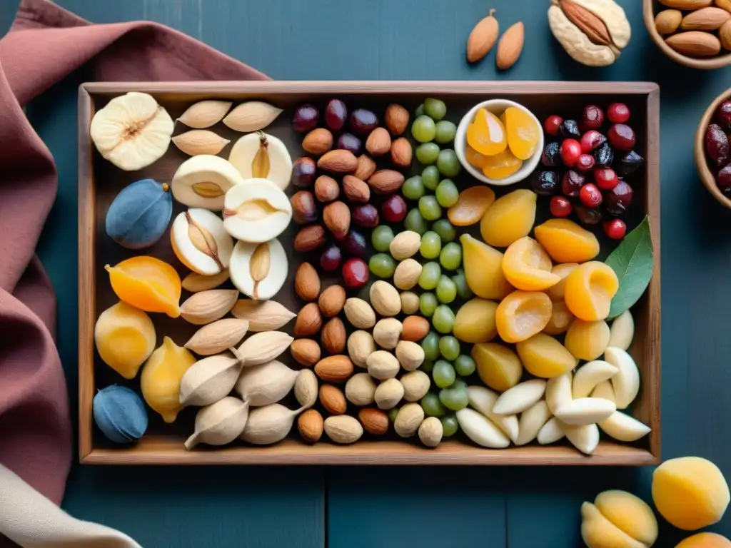 Deliciosos frutos secos y frutas deshidratadas en acuarela Delicada ilustración de frutos secos orgánicos y frutas secas en bandeja de madera rústica