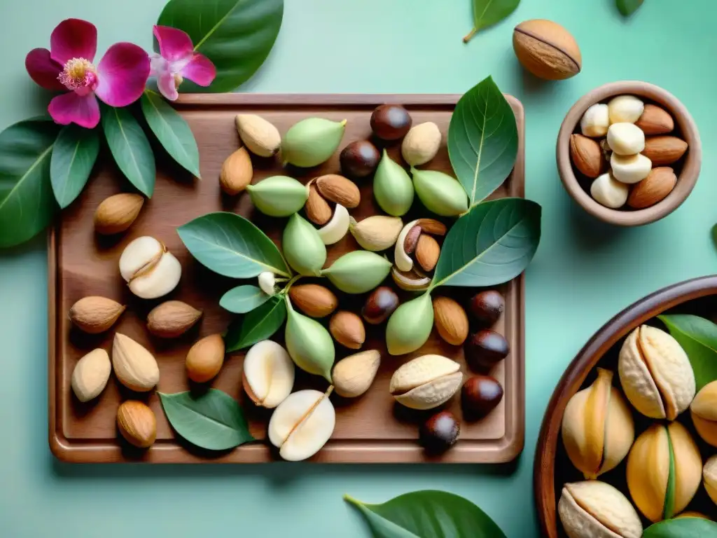 Ilustración acuarela de frutos secos variados en tabla de madera Delicada ilustración acuarela de frutos secos variados en tabla de madera rodeados de hojas y flores