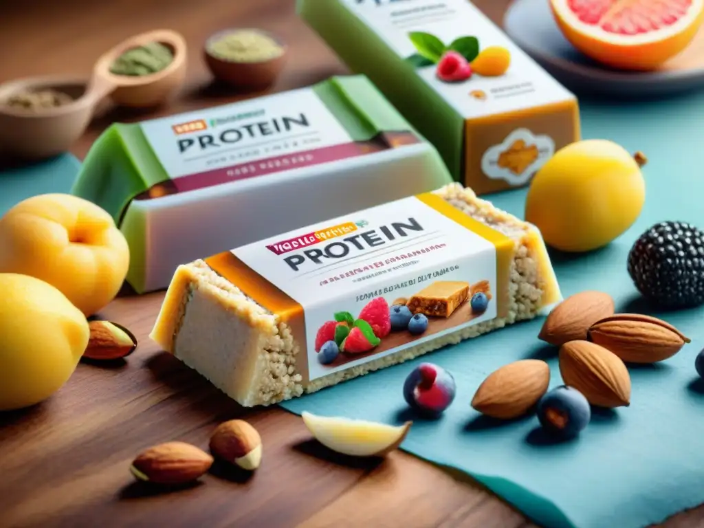 Barras de proteína vegetal: colores y texturas vibrantes Delicadas barras proteicas vegetales con frutas y frutos secos en mesa rústica