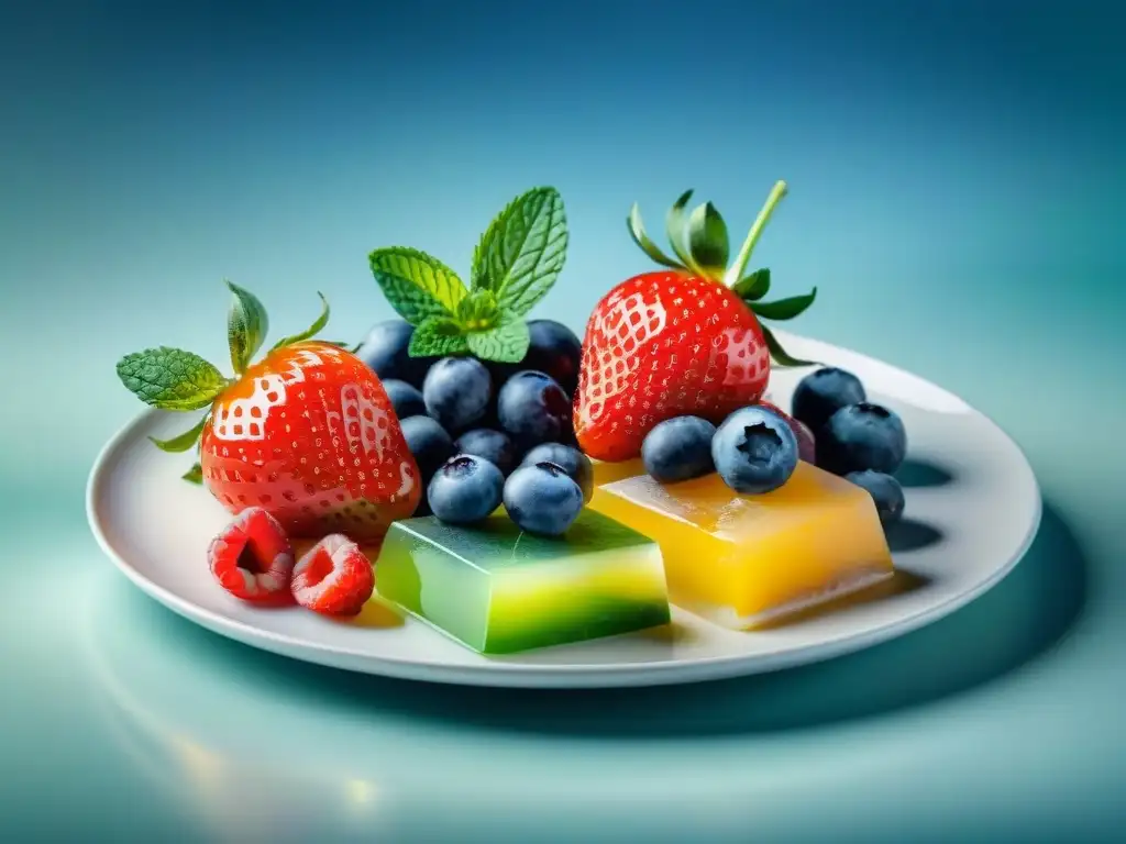 Deliciosos postres de gelatina baja en carbohidratos Delicadas gelatinas de baja carbohidratos en plato blanco con frutas y menta