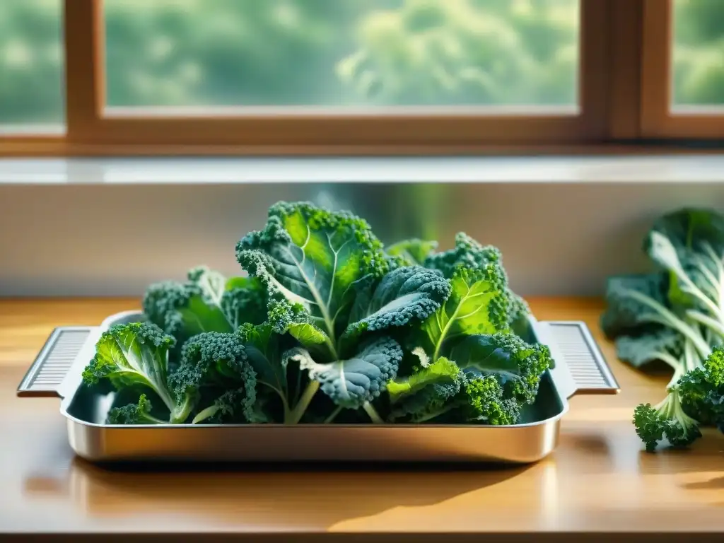 Crujientes chips de kale: ilustración acuarela detallada Delicadas hojas de kale verde se convierten en crujientes chips en una cocina moderna