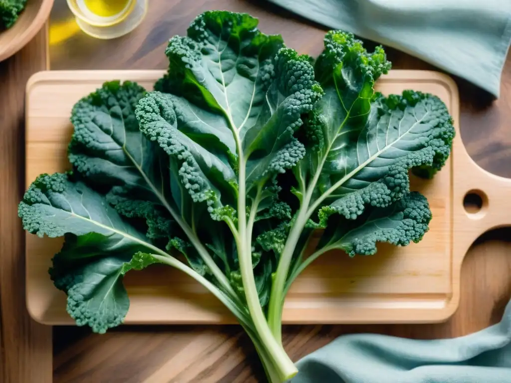 Deliciosas hojas de kale frescas en tabla de cortar Delicadas hojas de kale verde sobre tabla de madera con sal marina y aceite de oliva, destacando su frescura