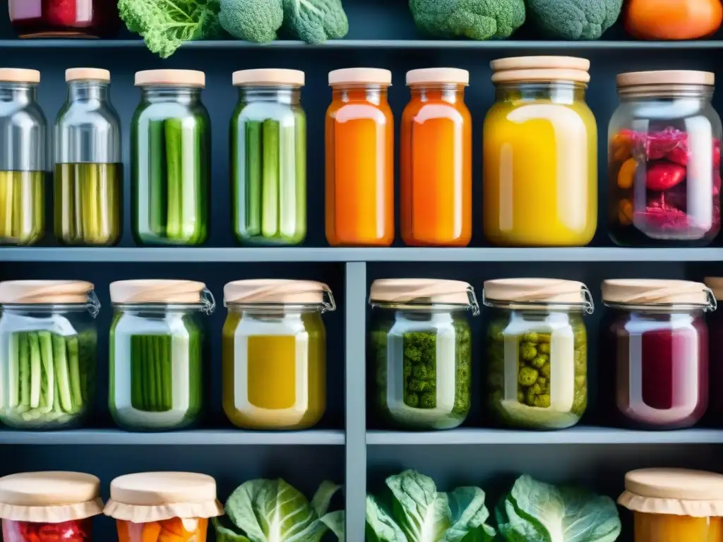 Deliciosas verduras fermentadas: proceso natural en acuarela Delicadas ilustraciones acuareladas de frascos con vegetales fermentados rodeados de bacterias y levaduras, resaltando el proceso de fermentación natural