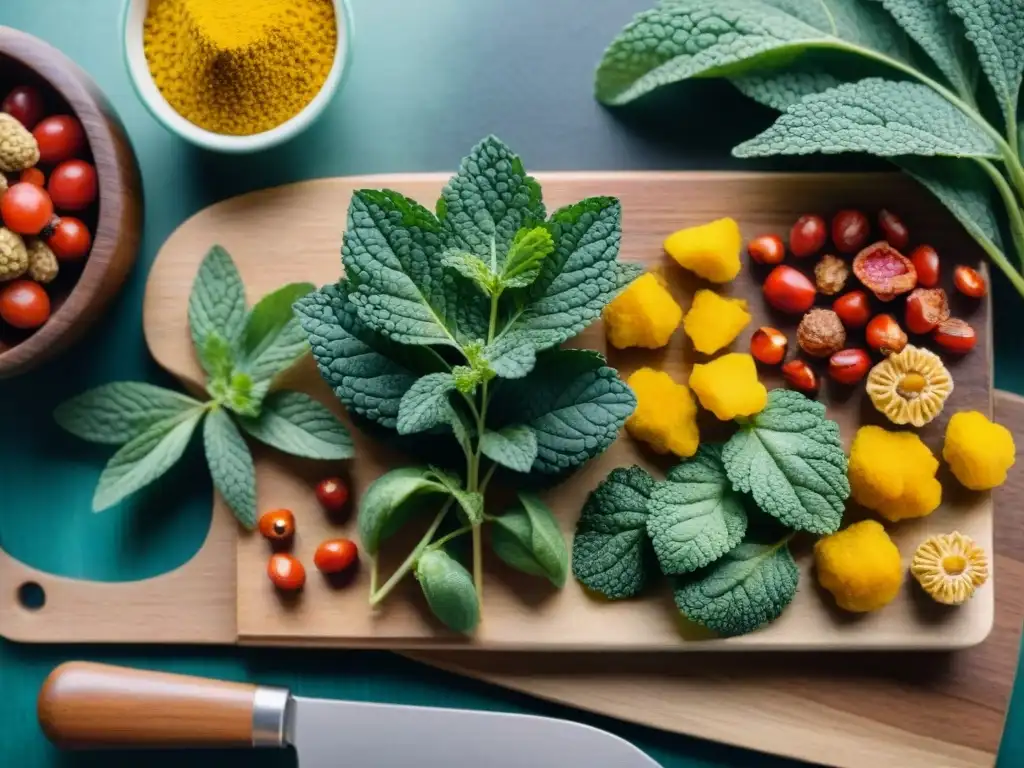 Deliciosos snacks saludables: ilustración acuarela de superalimentos Delicados adaptógenos en snacks saludables dispuestos en tabla de madera con hierbas frescas y cúrcuma, iluminación suave