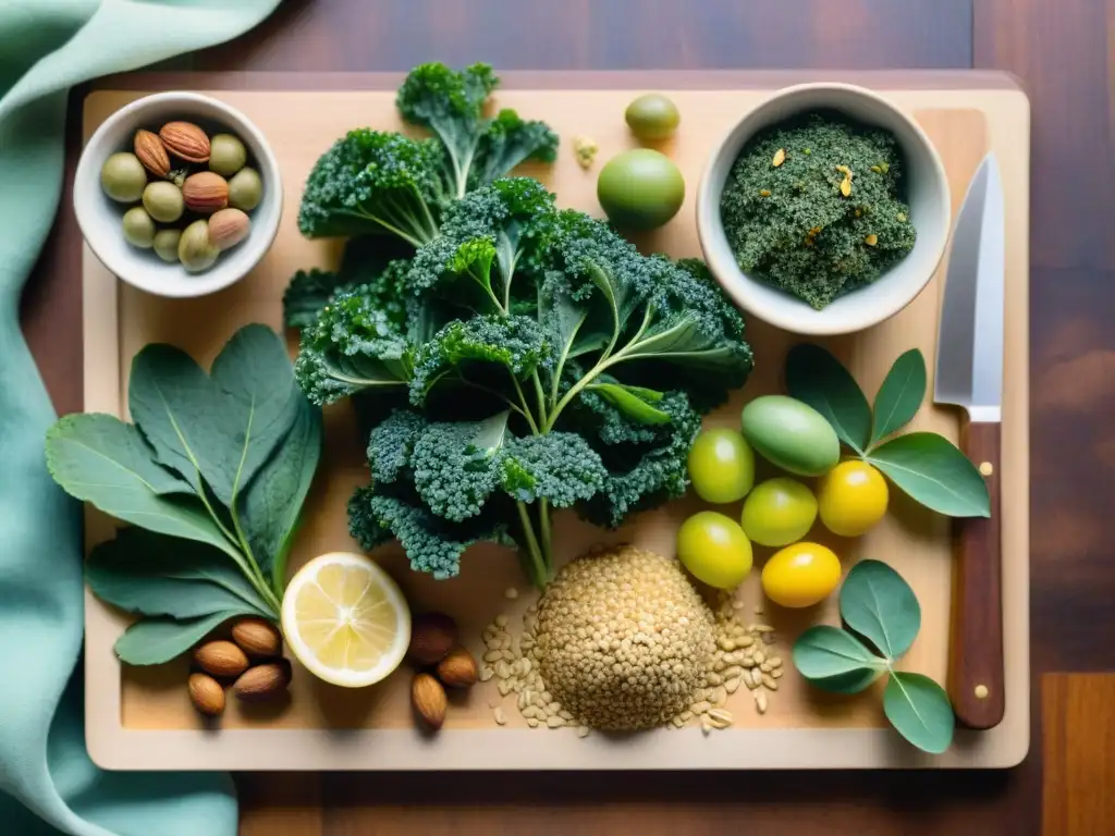 Bodegón saludable: Snacks vibrantes con moringa Delicados snacks saludables con moringa: energéticas bolitas, barras de granola y chips de kale, en una tabla de madera