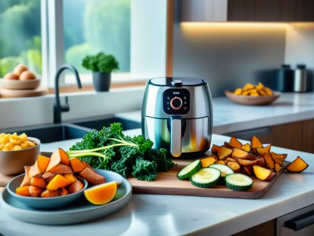Escena apetitosa: Snacks saludables con freidora de aire Deliciosa escena de cocina moderna con snacks saludables preparados en freidora de aire