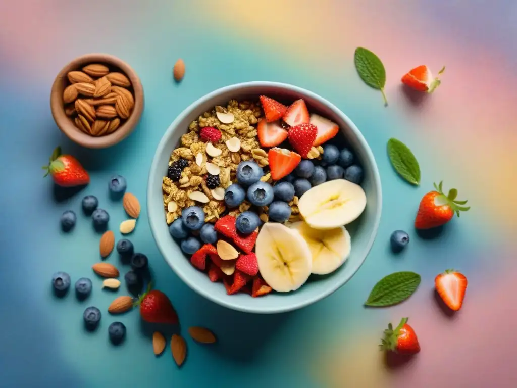 Bol de granola casera con superalimentos y frutas frescas Una deliciosa receta de granola casera con superfoods saludables y coloridas frutas frescas en acuarela detallada