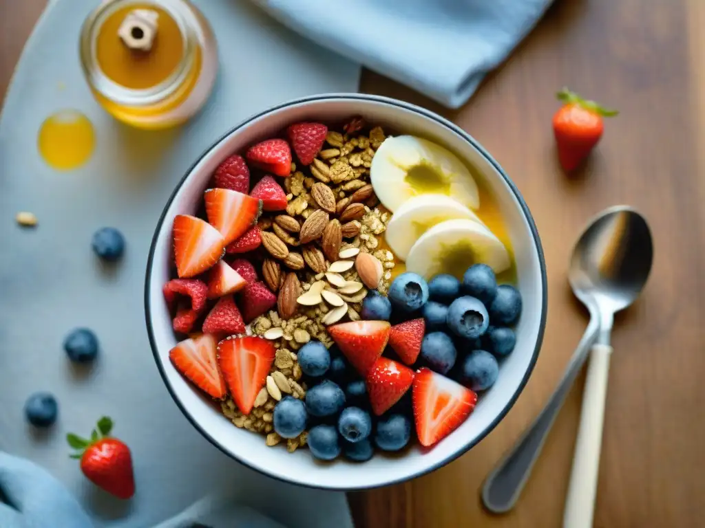 Deliciosa granola casera con superalimentos en acuarela Una deliciosa receta de granola casera con superfoods en un vibrante tazón rodeado de frutas frescas