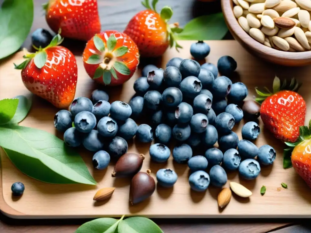 Deliciosos alimentos antioxidantes en acuarela Deliciosa variedad de frutas y frutos secos antioxidantes en tabla de madera con hojas verdes