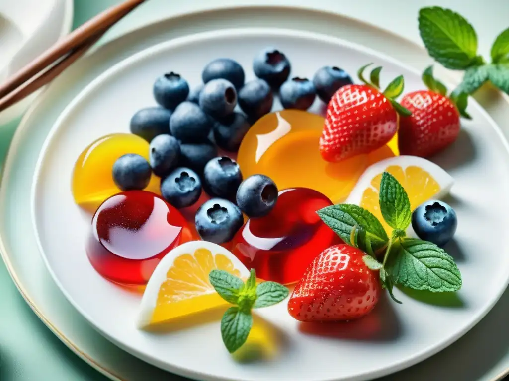Deliciosas gelatinas bajas en carbohidratos: una obra de arte acuarela Deliciosa variedad de gelatinas bajas en carbohidratos, vibrantes y tentadoras en plato blanco con hojas de menta fresca