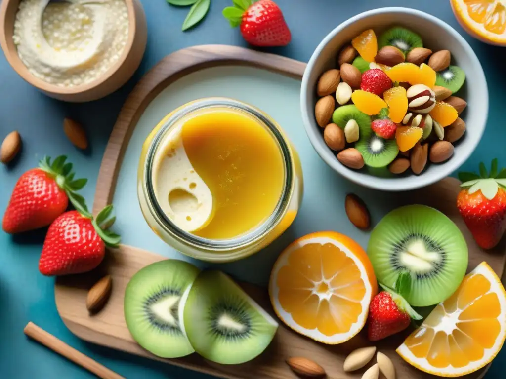 Bodegón saludable: snacks frescos y vibrantes en acuarela Deliciosa variedad de snacks saludables en ilustración detallada acuarela: frutas frescas, frutos secos, zanahorias y hummus