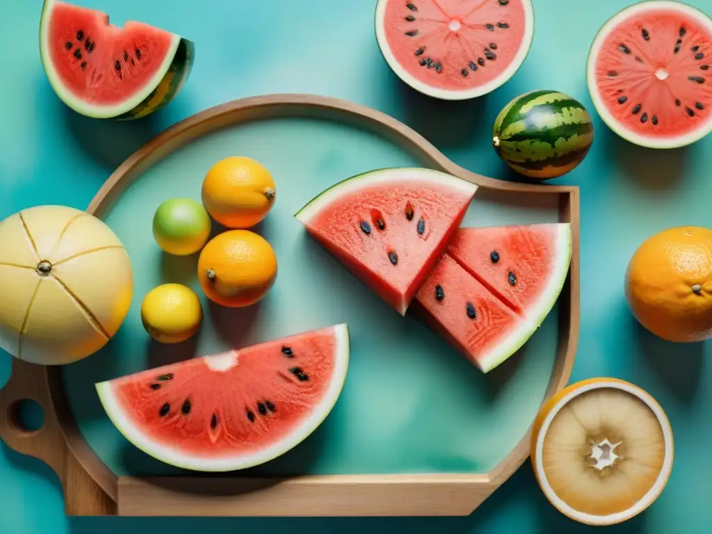 Bodegón refrescante de frutas con electrolitos Deliciosa variedad de snacks saludables con electrolitos: sandía, naranjas, plátanos y agua de coco en acuarela vibrante