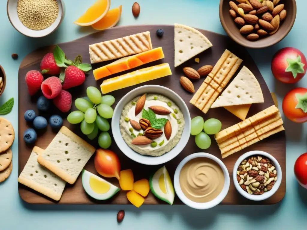 Bodegón saludable de snacks frescos y coloridos Deliciosa variedad de snacks saludables bajos calorías en acuarela detallada: vegetales, frutos secos, frutas, crackers y hummus en tabla rústica