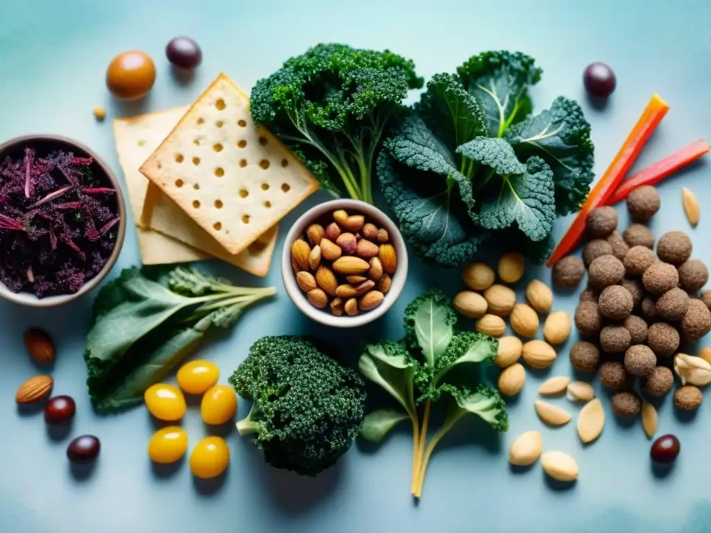 Deliciosos snacks veganos: ilustración acuarela detallada Deliciosa variedad de snacks saludables a base plantas: vegetales, kale chips, frutos secos y energéticas bolitas veganas