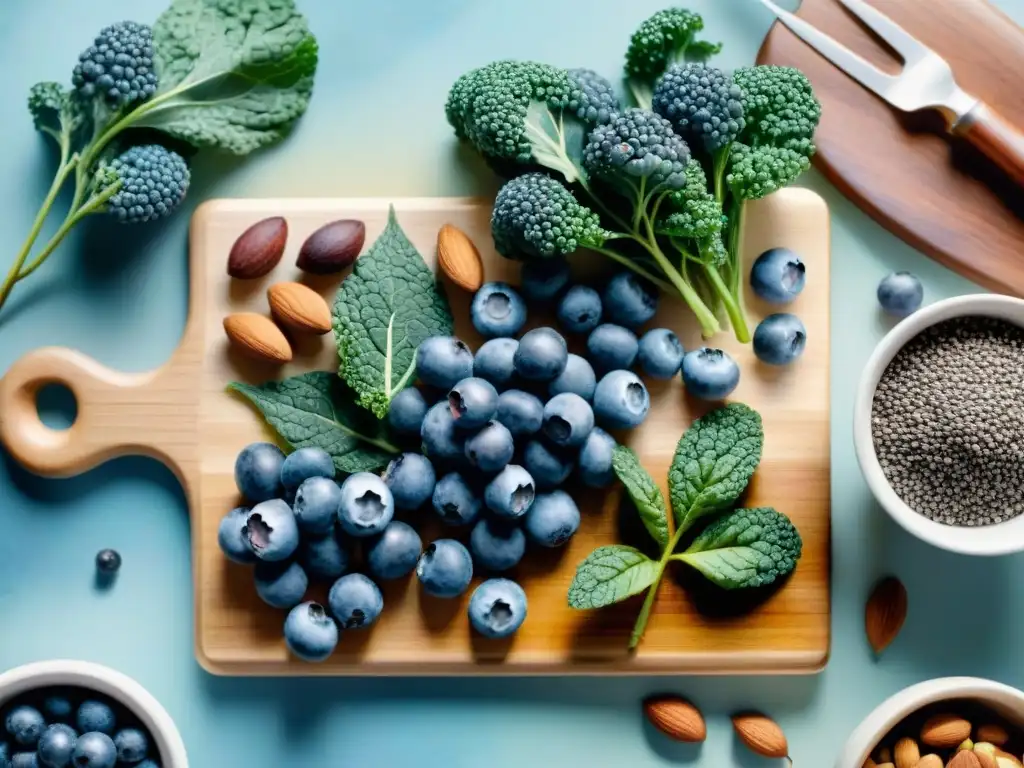 Deliciosos superalimentos en acuarela Deliciosa variedad de superalimentos en snacks saludables sobre tabla de madera