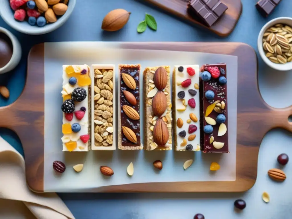 Barras energéticas caseras: ilustración detallada en acuarela Deliciosas barras energéticas caseras saludables decoradas con ingredientes coloridos, en una tabla de madera rústica
