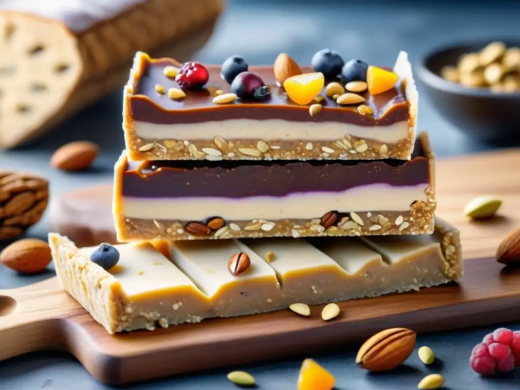 Deliciosas barras de proteína artesanales: una tentación saludable Deliciosas barras de proteína caseras sin hornear, decoradas con frutos secos y miel en tabla rústica
