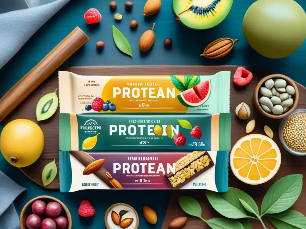 Deliciosas barras de proteína vegetal: ilustración detallada en acuarela Deliciosas barras de proteínas vegetales con frutas y semillas, destacando los beneficios de origen natural