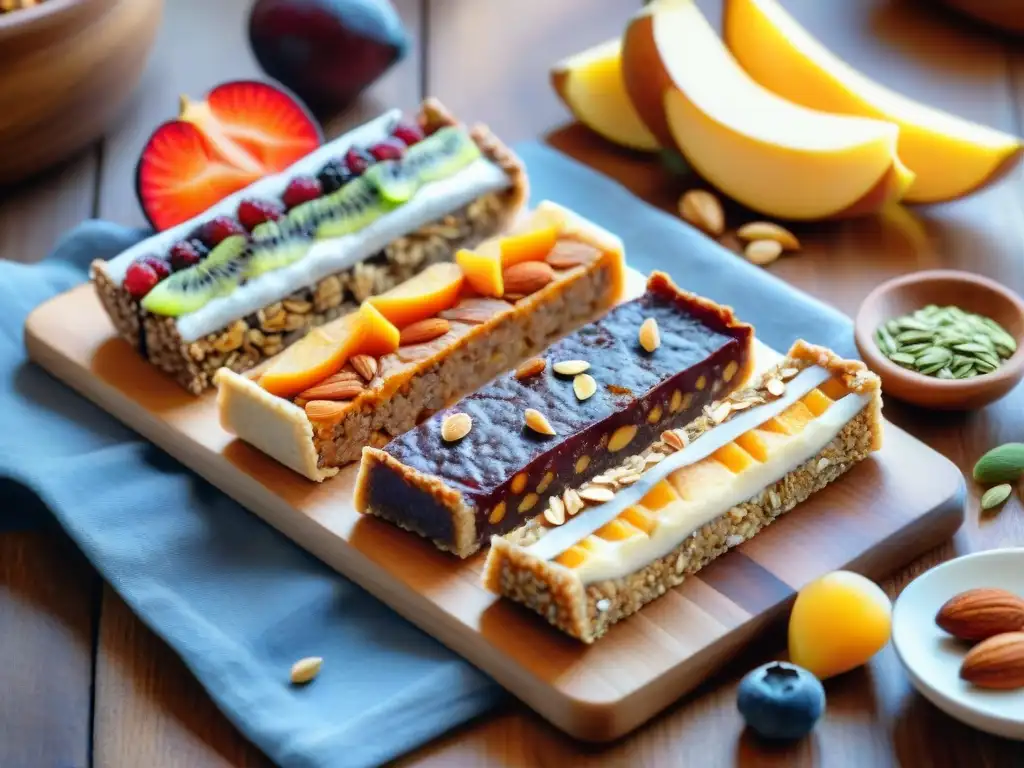 Deliciosas barras energéticas caseras con toppings coloridos Deliciosas barritas energéticas caseras saludables con ingredientes coloridos, sobre tabla de madera rústica