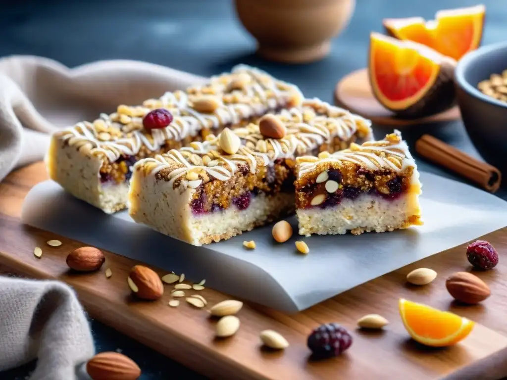 Deliciosas barras energéticas caseras en acuarela Deliciosas barritas energéticas caseras saludables con frutos secos, semillas y avena, decoradas con coco, miel y cacao en tabla rústica