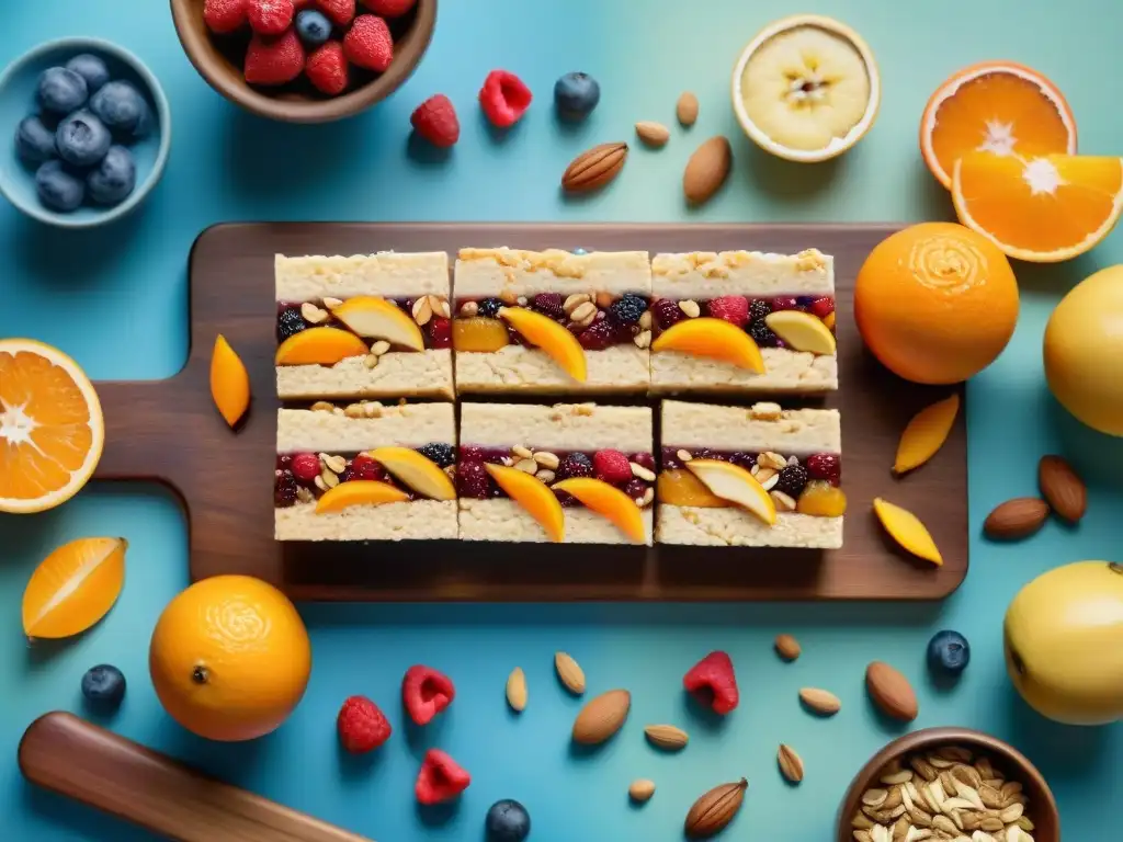 Barras energéticas: coloridas y nutritivas Deliciosas barritas energéticas control apetito saludables junto a frutas frescas en acuarela vibrante