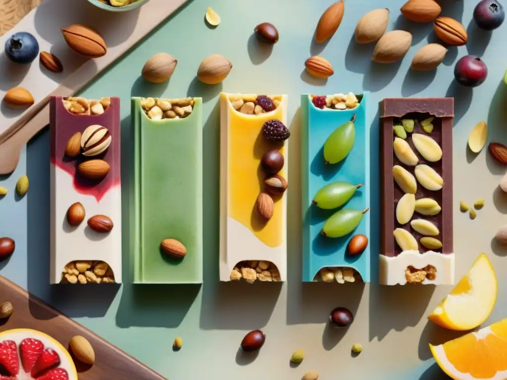 Barras nutricionales vibrantes: ilustración detallada en acuarela Deliciosas barritas energéticas control apetito saludables en ilustración acuarela sobre mesa rústica
