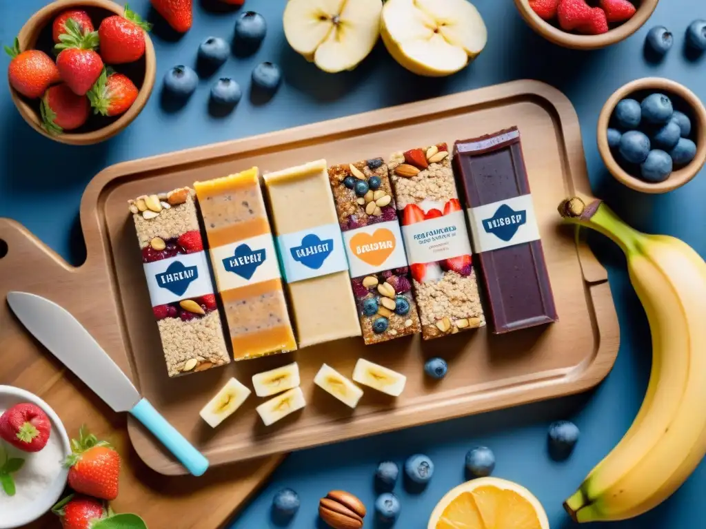 Barras energéticas saludables: colores y texturas vibrantes Deliciosas barritas energéticas saludables rodeadas de frutas frescas, una ilustración detallada en acuarela