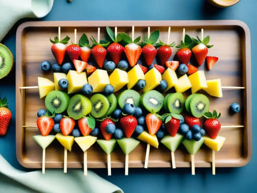 Deliciosas brochetas de frutas: frescura y color en cada bocado Deliciosas brochetas de frutas frescas y coloridas como fresas, piña, arándanos y kiwi en plato de madera con menta