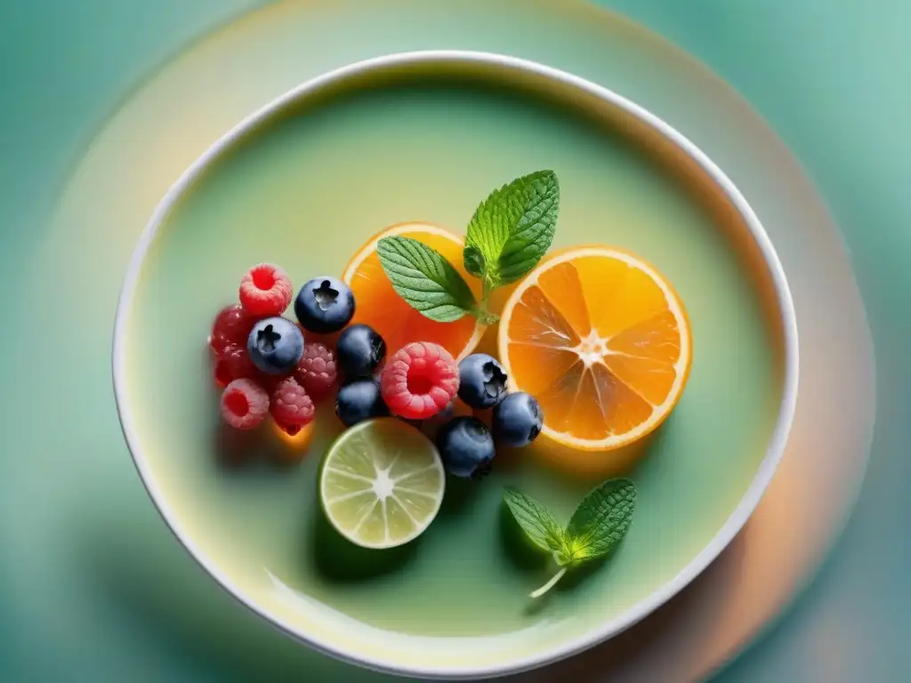 Deliciosas gelatinas de frutas en acuarela Deliciosas gelatinas bajas en carbohidratos con frutas frescas y menta en una bandeja moderna