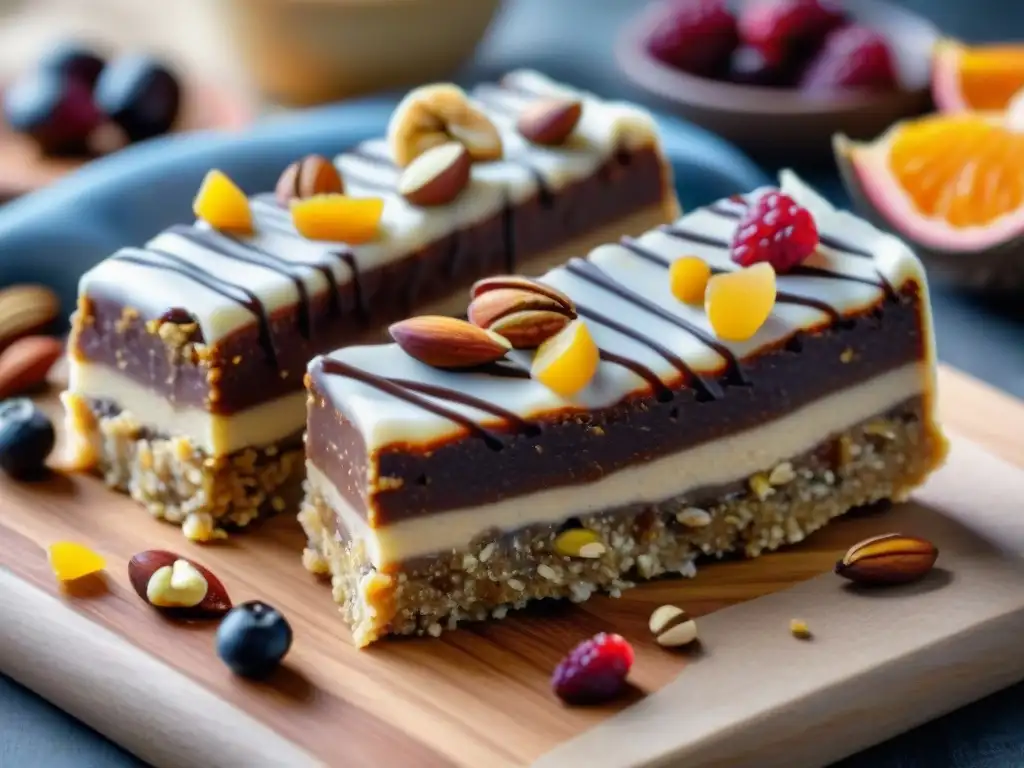 Deliciosas barras de proteínas caseras con toppings variados en tabla de madera Deliciosas recetas barras proteína caseras sin hornear decoradas con frutos secos, semillas y chocolate en tabla de madera rustica