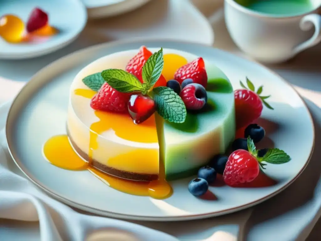 Deliciosos postres de gelatina baja en carbohidratos Deliciosas recetas gelatina baja carbohidratos con frutas y menta, sobre mantel blanco, iluminadas naturalmente