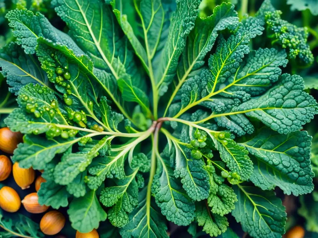 Pintura acuarela detallada de hojas de kale frescas con frutos secos Delicioso bodegón de hojas de kale verde vibrante, nueces y semillas, todo fresco y detallado