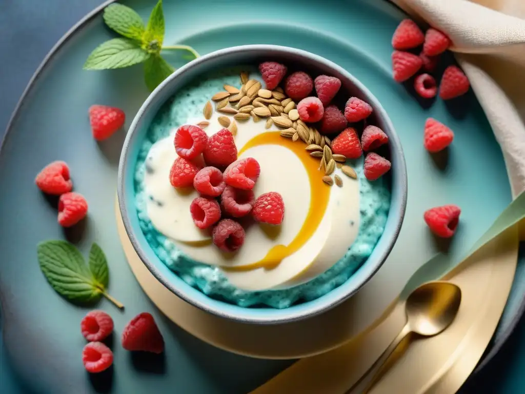 Delicioso bowl de chía con frutos rojos Un delicioso pudín de chía receta saludable con frambuesas, almendras y miel en un bol turquesa vibrante