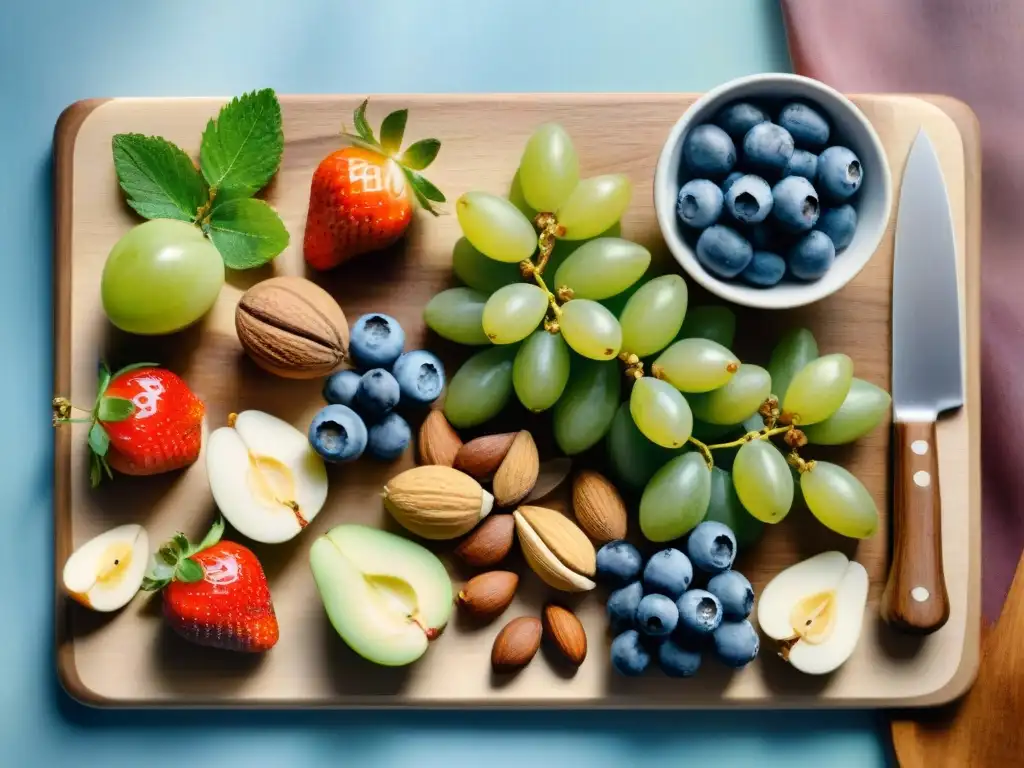 Deliciosa variedad de frutas y frutos secos en acuarela Delicioso surtido de frutas y frutos secos en una tabla de madera, bañados por la luz del sol