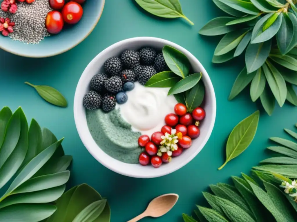 Arreglo vibrante de superalimentos en acuarela Delicioso yogurt vegano con superfoods: bayas de acai, semillas de chía, bayas de goji y espirulina, rodeado de naturaleza vibrante