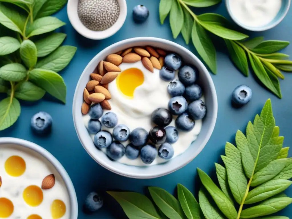Delicioso snack vegano: bowl de superfoods coloridos Delicioso yogurt vegano con superfoods en vibrante acuarela