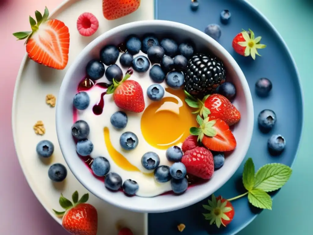 Deliciosos endulzantes naturales en snacks saludables: frutas vibrantes en un bowl de yogur con miel y granola