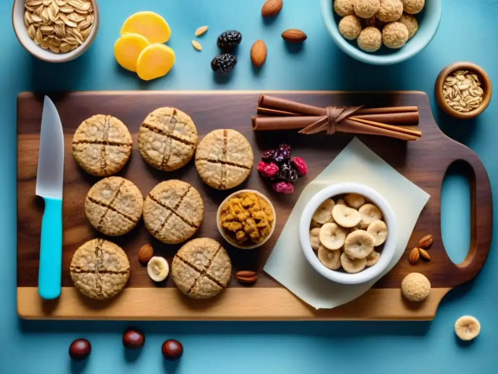Deliciosos snacks de avena para niños: ilustración acuarela Deliciosos snacks de avena para niños en una ilustración detallada de acuarela en una tabla de madera