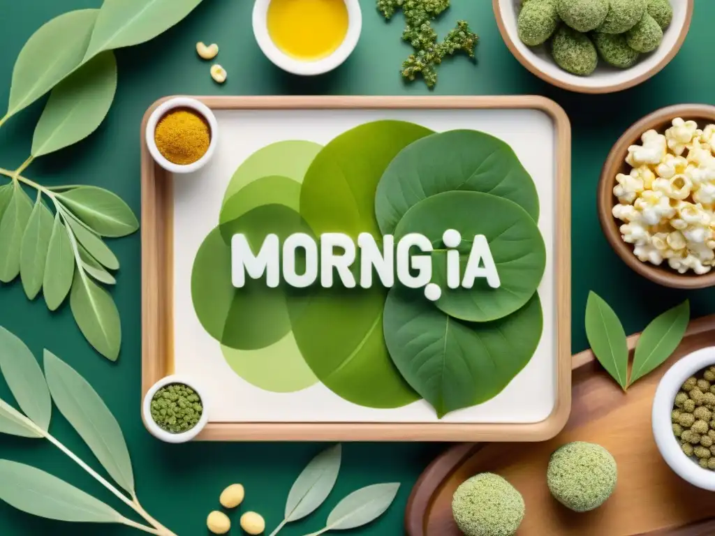 Deliciosos snacks saludables con moringa en acuarela Deliciosos snacks con moringa en ilustración acuarela, resaltando beneficios de la moringa en snacks